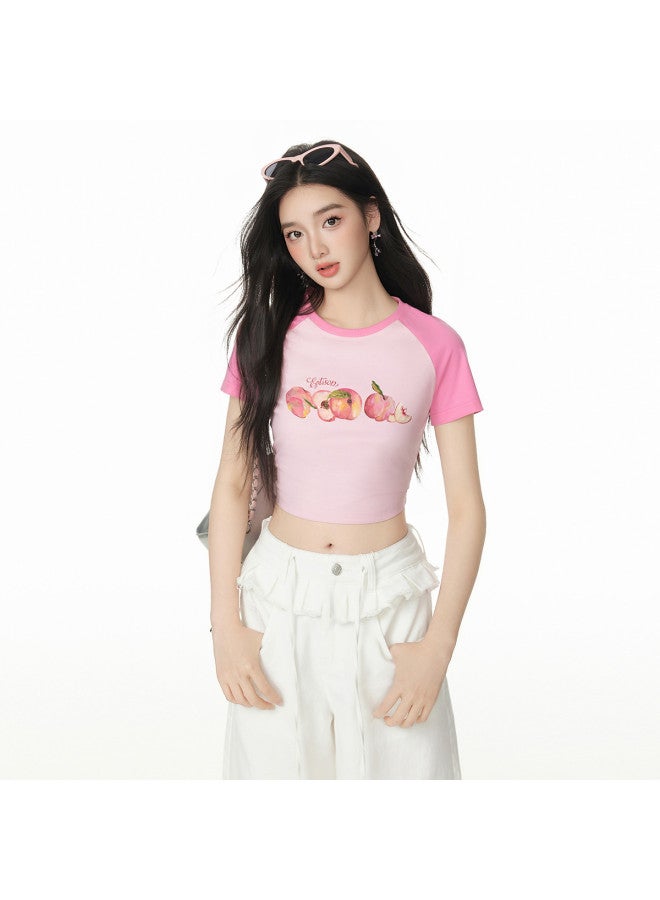 EPTISON Women's Short Sleeve T-shirt 2025 Summer New Slim Fit Cropped Sweet & Spicy Style Vintage Peach Print Raglan Sleeve Top - Image 2