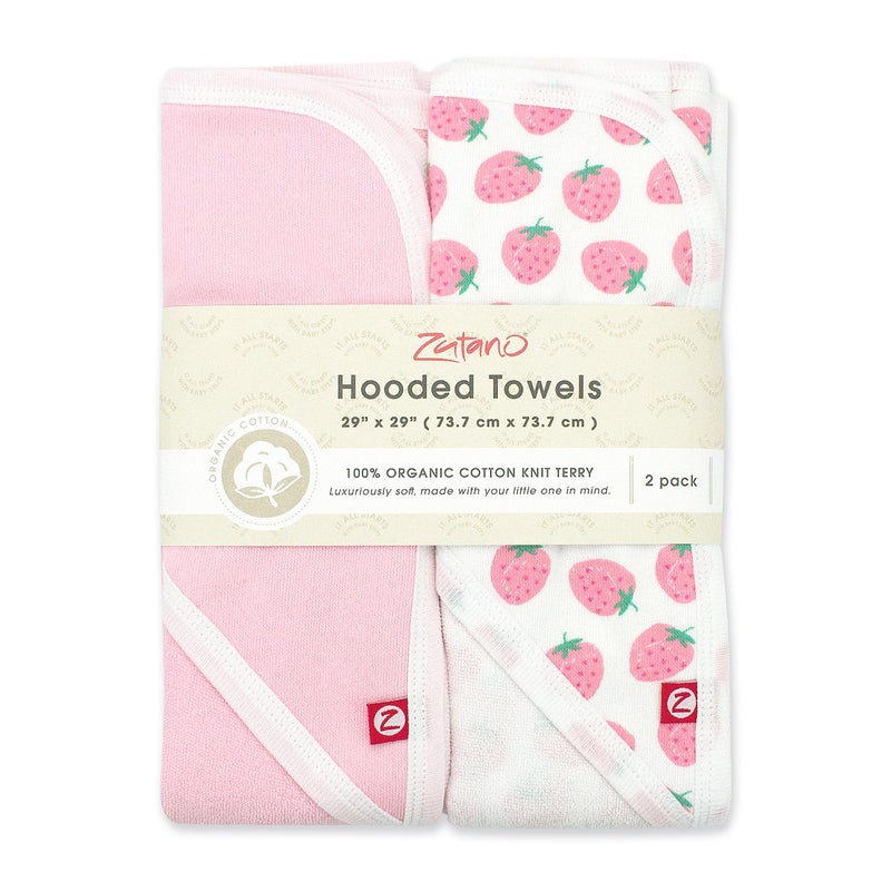 Zutano Hooded Baby Towels, Organic Cotton Baby Bath Towel, Ultra Soft and Absorbent Baby Towel for Newborn and Infant | Girl, Boy, and Unisex Towel Set, Strawberries, 2-Pack - Image 2