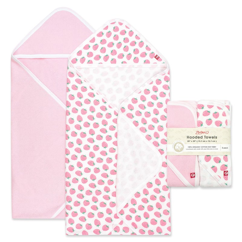Zutano Hooded Baby Towels, Organic Cotton Baby Bath Towel, Ultra Soft and Absorbent Baby Towel for Newborn and Infant | Girl, Boy, and Unisex Towel Set, Strawberries, 2-Pack - Image 1