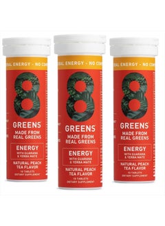 Daily Greens Energy Effervescent Tablets - Natural Energy Boost, Pre-Workout, No Crash, Greens Powder, Made with Guarana & Yerba Mate, Vitamin B12, Peach Flavor, Pack of 3