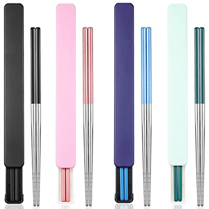 Patelai 4 Pairs Portable Chopsticks with Case Stainless Steel Chopsticks Reusable Portable Utensil for Home Office Camp Travel Bento Box
