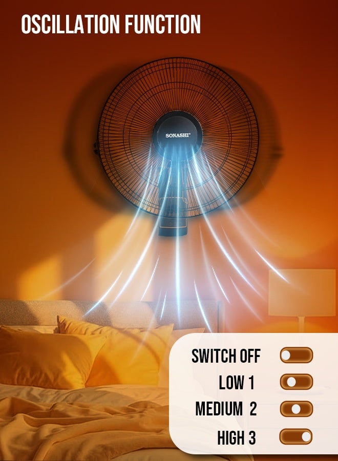 SONASHI 16 Inch Wall Fan - Remote Control | 5 Transparent Blades With Low Noise Motor | 3 Speed And Oscillation Functions | Overheat Protection SF-8007-WR-BLK Black - Image 3