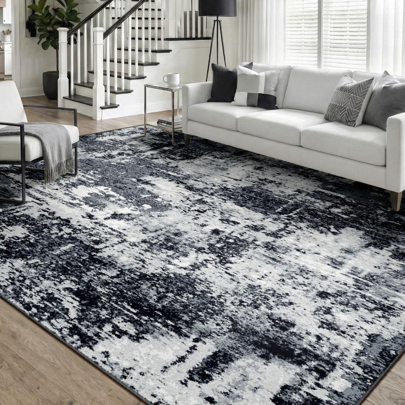 RELEANY Washable Area Rugs 5'x7' Non-Slip Modern Abstract Soft for Living Room Entryway Bedroom Nursery, Print Pattern, Black Navy Blue Gray - Image 1