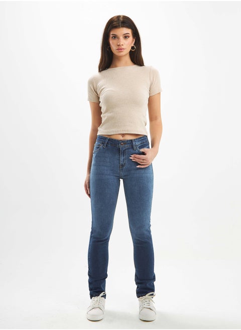High-Waist Medium Wash Degrade Cigarette Jeans.