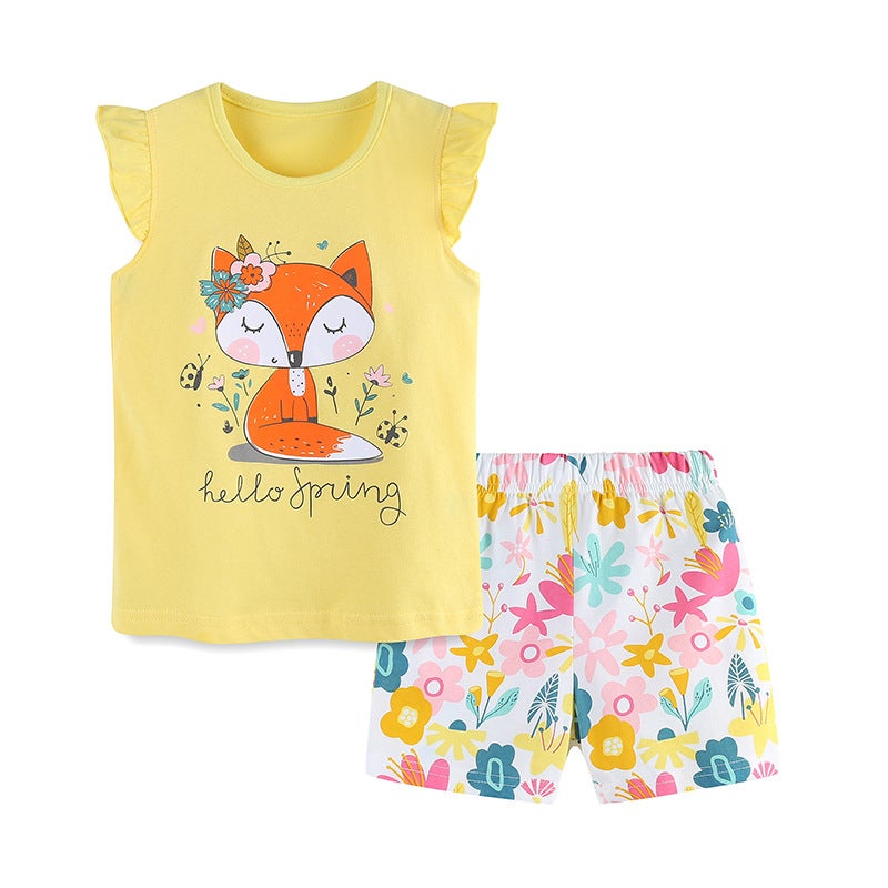 Summer New Girls Short-sleeved suit Childrens European and American-style Fashion Fox Printed Round Neck Two-piece Set 2233