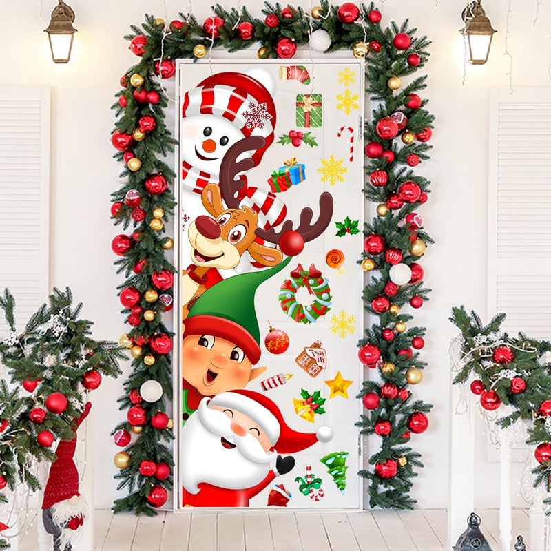 Demonwer 44.9 x 15.8 Inch Christmas Door Sticker Cute Santa Elf Elk Snowman Door Sticker Decor for Holiday Christmas Nursery Playroom Bedroom Classroom Kindergarten Holiday Wall Decor - Image 1