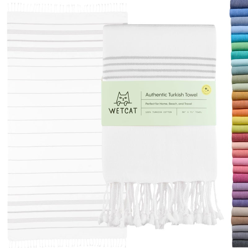 WETCAT Turkish Beach Towel Oversized 38x71 100 Turkish Cotton Made in Turkey Sand Free Extra Large Ultra Soft Quick Drying Compact Lightweight for Travel Grey and White