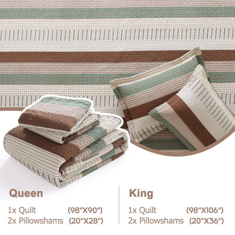 Finlonte Queen Quilt Set - Cotton Bedspread With Brown, Green, Beige Striped Pattern - Reversible Lightweight 3-Piece Bedding Set for All Seasons - Image 5