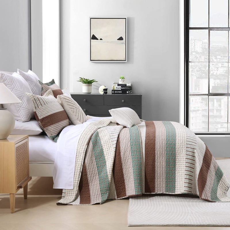 Finlonte Queen Quilt Set - Cotton Bedspread With Brown, Green, Beige Striped Pattern - Reversible Lightweight 3-Piece Bedding Set for All Seasons - Image 2
