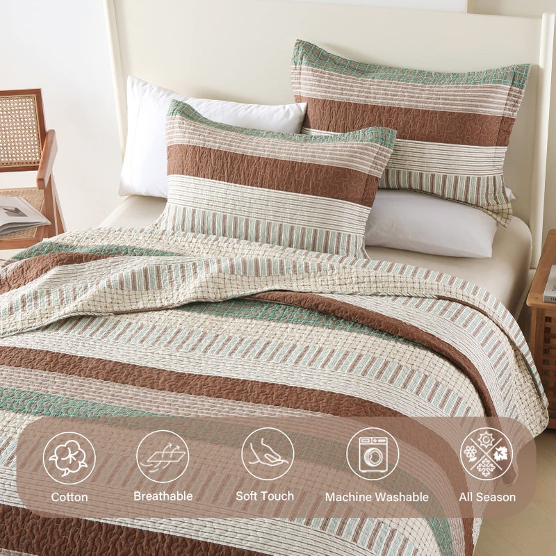 Finlonte Queen Quilt Set - Cotton Bedspread With Brown, Green, Beige Striped Pattern - Reversible Lightweight 3-Piece Bedding Set for All Seasons - Image 4