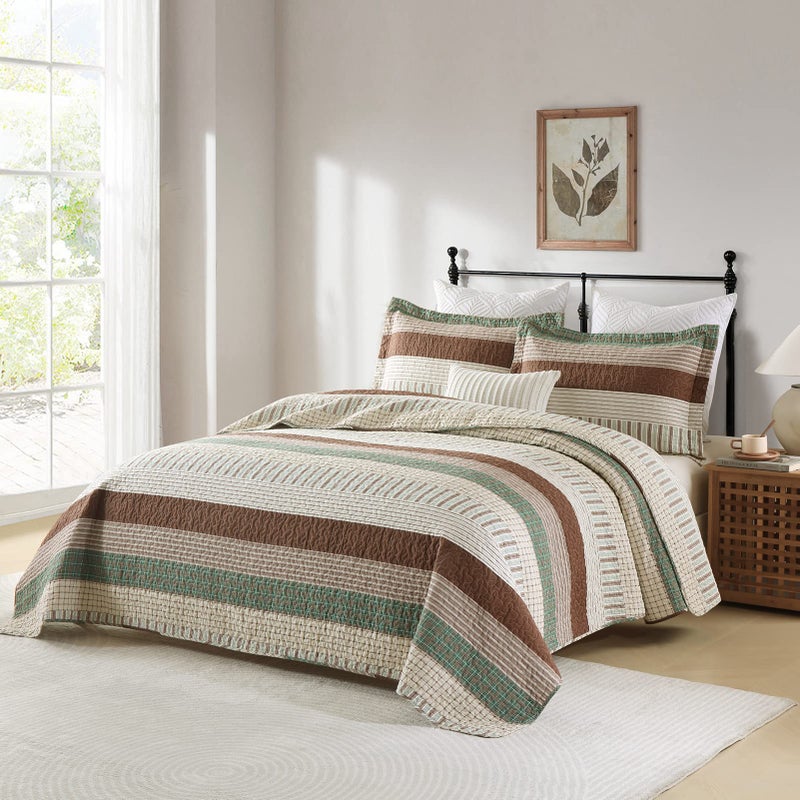 Finlonte Queen Quilt Set - Cotton Bedspread With Brown, Green, Beige Striped Pattern - Reversible Lightweight 3-Piece Bedding Set for All Seasons - Image 3