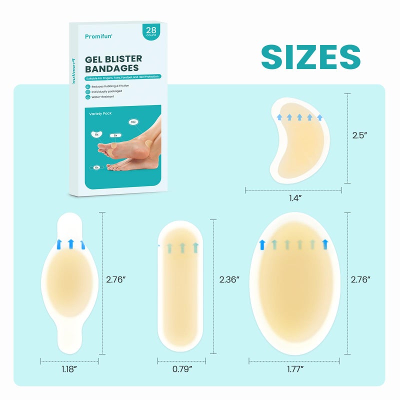 Promifun Blister Pads - 28 ct Water Resistant Hydrocolloid Bandages for Foot, Toe, Heel - Gel Blister Cushions for Prevention & Recovery, Variety Pack - Image 2