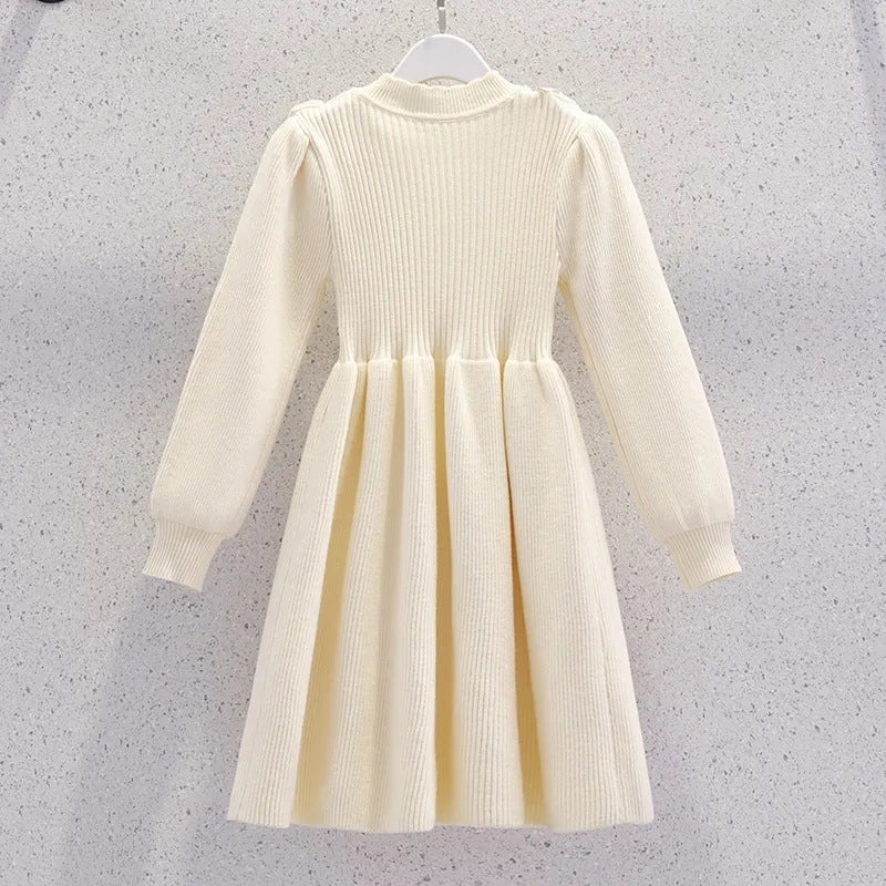Primary and Middle School Students Autumn and Winter New Temperament Ladies dress Girls Fashion Solid Color Long Sleeve Knitted Sweater Skirt Apricot