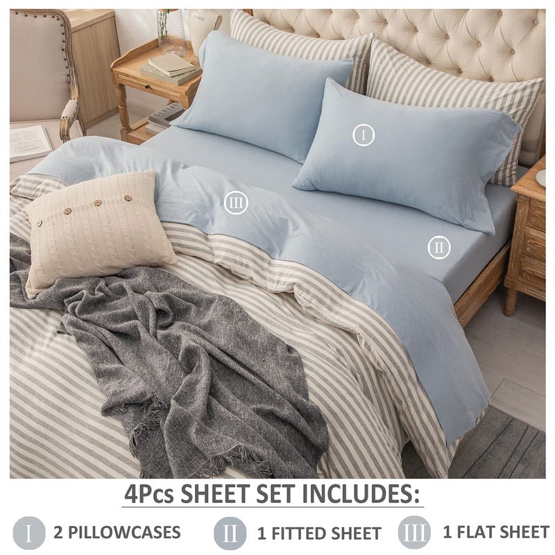 PURE ERA PURE ERA Jersey Knit 4pc Bed Sheet Set 100% T-Shirt Cotton Super Soft Comfy Breathable Fits Mattress Up to 20"" Extra Deep Pocket (Solid Light Blue  Queen) - Image 2