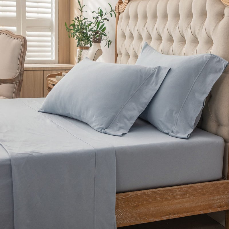 PURE ERA PURE ERA Jersey Knit 4pc Bed Sheet Set 100% T-Shirt Cotton Super Soft Comfy Breathable Fits Mattress Up to 20"" Extra Deep Pocket (Solid Light Blue  Queen) - Image 4