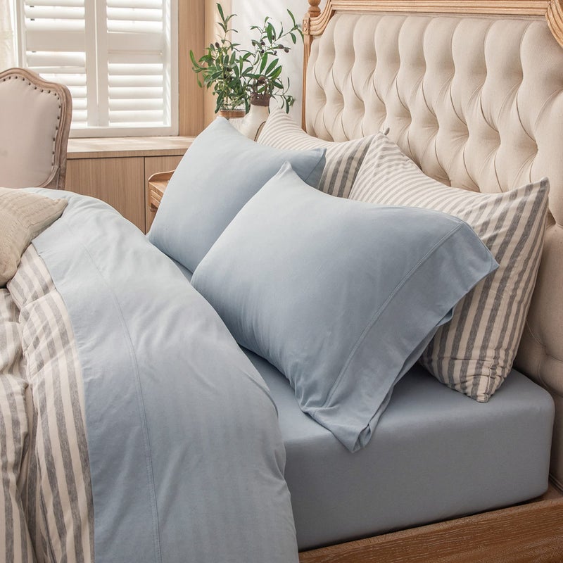 PURE ERA PURE ERA Jersey Knit 4pc Bed Sheet Set 100% T-Shirt Cotton Super Soft Comfy Breathable Fits Mattress Up to 20"" Extra Deep Pocket (Solid Light Blue  Queen) - Image 1