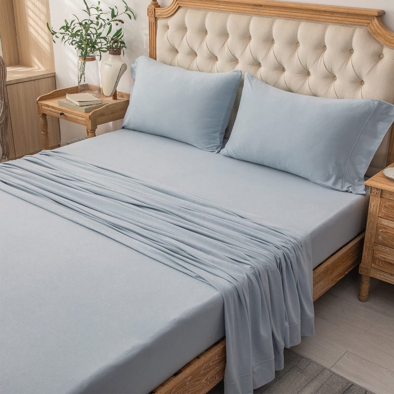 PURE ERA PURE ERA Jersey Knit 4pc Bed Sheet Set 100% T-Shirt Cotton Super Soft Comfy Breathable Fits Mattress Up to 20"" Extra Deep Pocket (Solid Light Blue  Queen) - Image 5