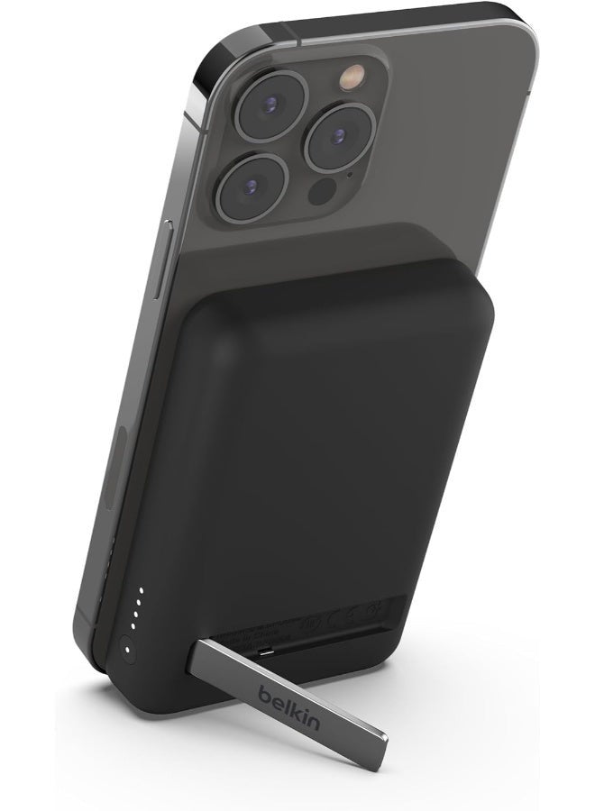 belkin 5000 mAh BoostCharge Magnetic Power Bank Wireless, Magsafe Power Bank, Battery Pack With 7.5W Magsafe Power Bank, 10W Input And Kickstand, Power Bank For Iphone 16, 15, 14, 13, 12 Series - Black - Image 1