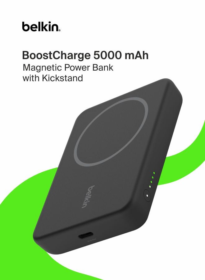 belkin 5000 mAh 5000 mAh Magnetic Wireless Power Bank, Portable Charger Compatible with MagSafe with Pass-thru Charging, 7.5W Output, 10W Input and Kickstand, Compatible with iPhone 13 and 12 Series – Black Black - Image 1