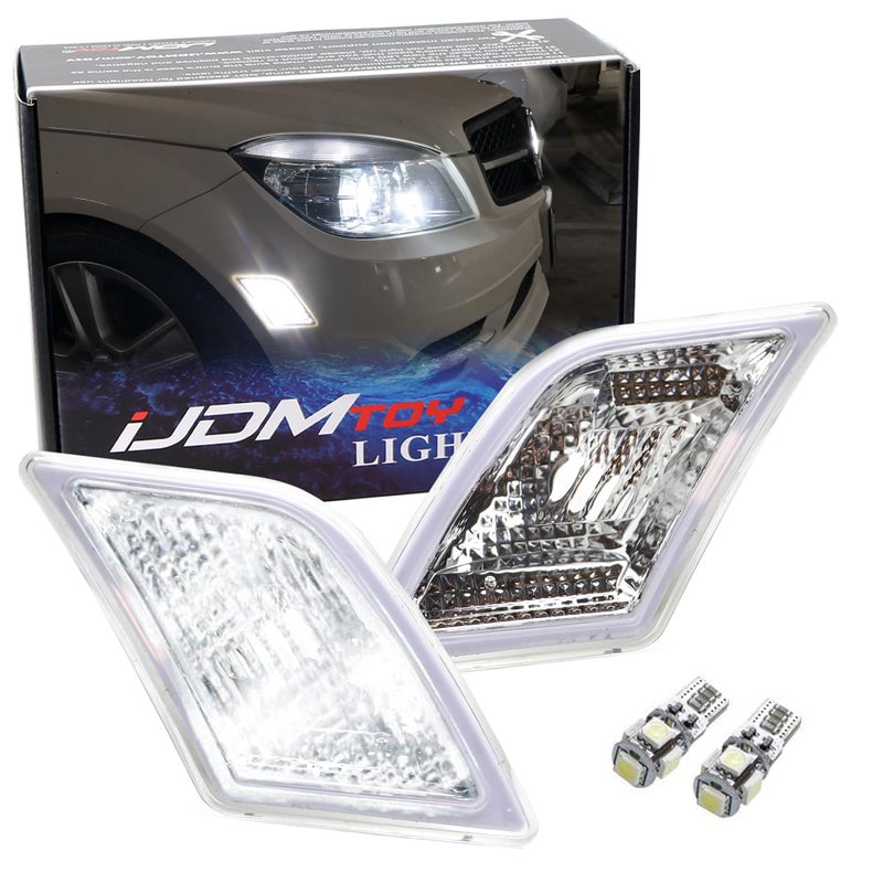 iJDMTOY Euro Clear Lens Front Side Marker Lights wWhite LED Replacement Bulbs Compatible With 200811 Mercedes PreLCI W204 C250 C300 C350  20082013 C63 AMG Replace OEM Amber Sidemarker Lamps
