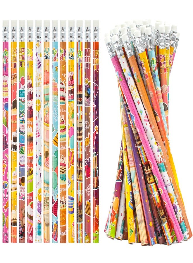 GOMANCHE 48 Pcs Happy Birthday Pencils for Students, Bulk Colorful Pencils with Top Erasers for Kids, Wood Writing Instruments for Teachers Classrooms Reward Birthday Party Supplies, 12 Assort Style - Image 1