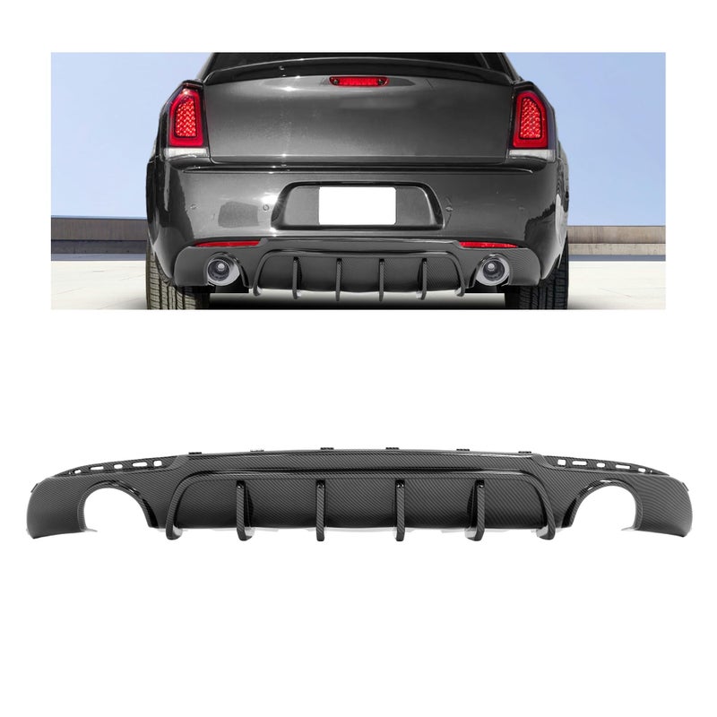 HECASA Rear Bumper Diffuser Compatible with 20152023 Chrysler 300 Models Lower Bumper Lip Spoiler Splitter Valance Dual Exhaust Shark Fins Carbon Fiber Color Plastic ABS