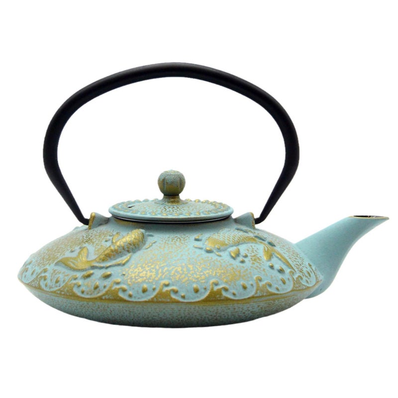 SECHUDO 27.1oz Small Cast Iron Teapot, SECHUDO Japanese Style Tea Kettle Coated with Enameled Interior for Stovetop Safe,Cast Iron Tea Pot with Stainless Steel Strainer for Loose Leaf,Flat Fish Pattern(800ml) - Image 1