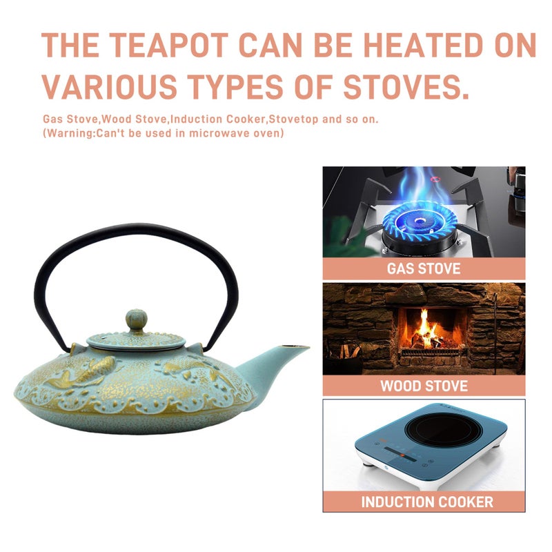 SECHUDO 27.1oz Small Cast Iron Teapot, SECHUDO Japanese Style Tea Kettle Coated with Enameled Interior for Stovetop Safe,Cast Iron Tea Pot with Stainless Steel Strainer for Loose Leaf,Flat Fish Pattern(800ml) - Image 4