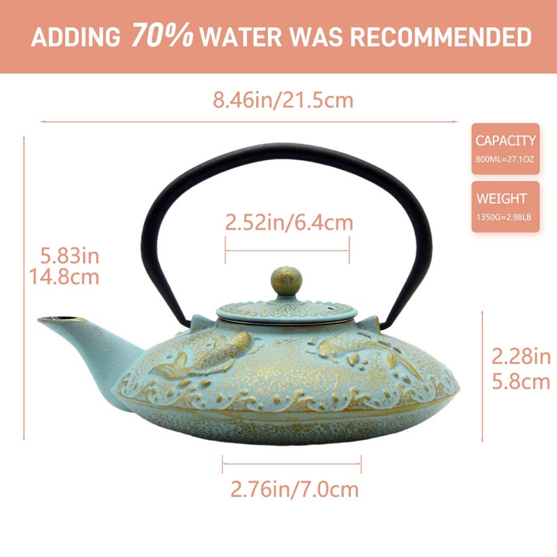 SECHUDO 27.1oz Small Cast Iron Teapot, SECHUDO Japanese Style Tea Kettle Coated with Enameled Interior for Stovetop Safe,Cast Iron Tea Pot with Stainless Steel Strainer for Loose Leaf,Flat Fish Pattern(800ml) - Image 5