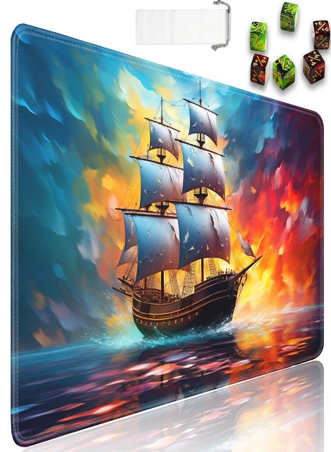 JVGFYNKL MTG Playmat + Drawstring Travel Pouch + 6 Dice Counter, for Tabletop Trading Card Game Playmats or Large Mouse Pad, Anti-Slip Rubber 24 x 14 in, Watercolor Pirate Ship TCG Playmat - Image 1