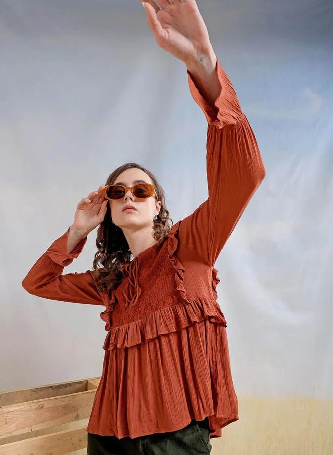 Freehand Freehand Women Rust Boxy Ruffled Top with Lace Detail
