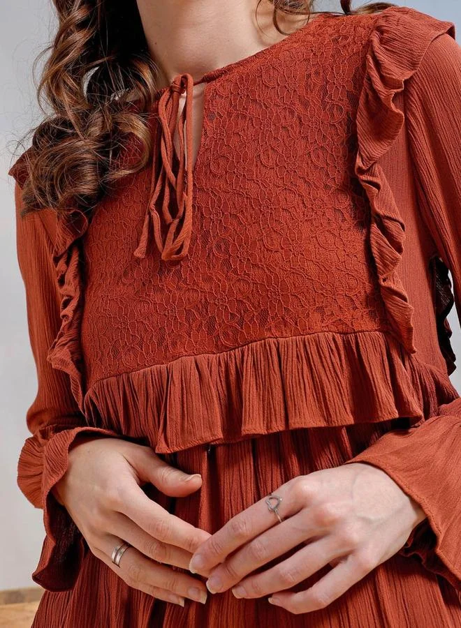Freehand Freehand Women Rust Boxy Ruffled Top with Lace Detail