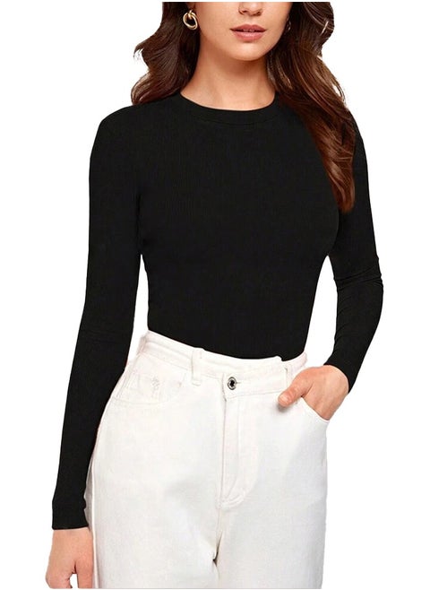 Ribbed Top Crew Neck Long Sleeve – Basic T- Shirt For Women