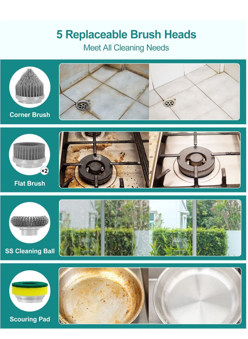 SYOSI Electric Spin Scrubber, Power Cleaning Brush with Auto Detergent Dispenser and 5 Replaceable Brush Heads Portable Handheld Scrubber for Bathroom, Kitchen, Wall, Oven, Dish, Tile, Tub, Floor - Image 5