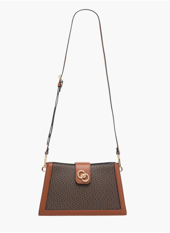 سيليست Women's Monogram Print Shoulder Bag with Zip Closure and Chain Strap