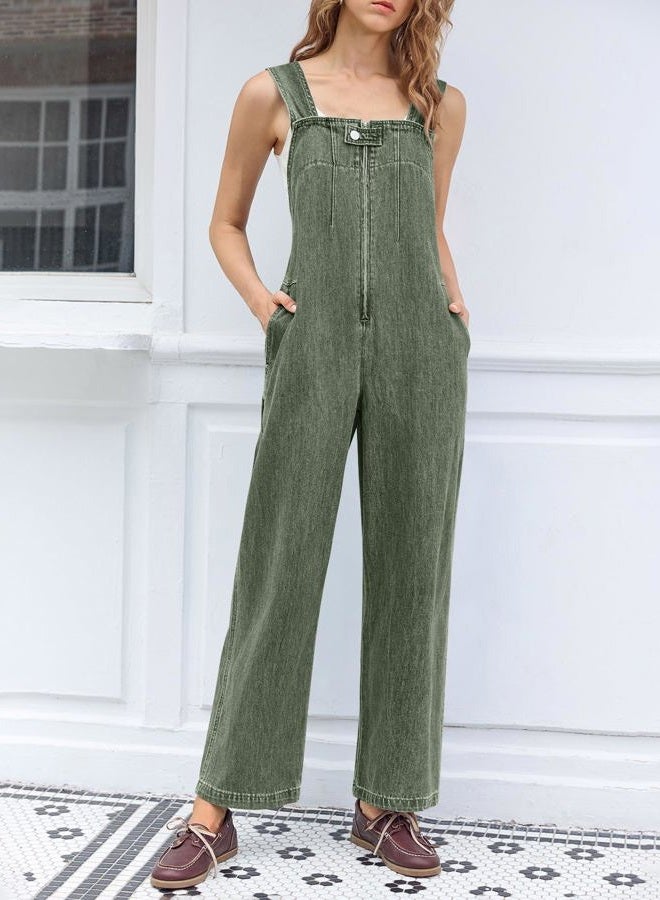 Cicy Bell Womens Casual Denim Bib Overalls Wide Leg Sleeveless Zipper Loose Jean Pants Jumpsuits with Pockets, Army Green, XXL - Image 3