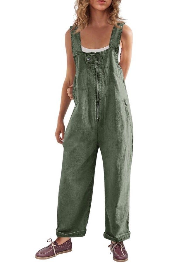Cicy Bell Womens Casual Denim Bib Overalls Wide Leg Sleeveless Zipper Loose Jean Pants Jumpsuits with Pockets, Army Green, XXL - Image 1