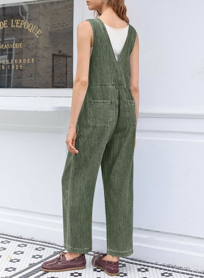 Cicy Bell Womens Casual Denim Bib Overalls Wide Leg Sleeveless Zipper Loose Jean Pants Jumpsuits with Pockets, Army Green, XXL - Image 4