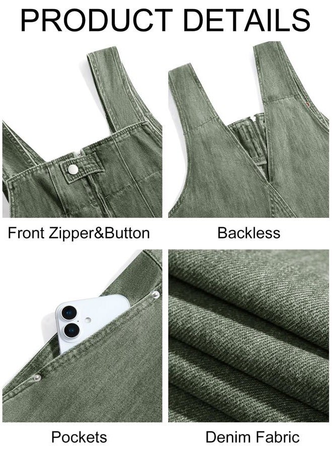 Cicy Bell Womens Casual Denim Bib Overalls Wide Leg Sleeveless Zipper Loose Jean Pants Jumpsuits with Pockets, Army Green, XXL - Image 5