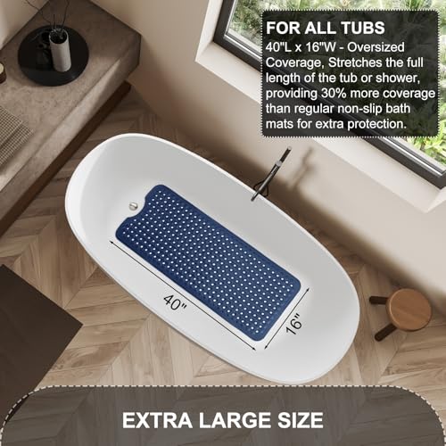 TEESHLY Bath Tub and Shower Mats, Non Slip 40 x 16 Inch Extra Large Bathtub Mat, Machine Washable Bathmat with Drain Holes, Suction Cups for Bathroom Floor, Navy Blue - Image 5