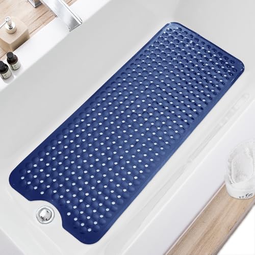 TEESHLY Bath Tub and Shower Mats, Non Slip 40 x 16 Inch Extra Large Bathtub Mat, Machine Washable Bathmat with Drain Holes, Suction Cups for Bathroom Floor, Navy Blue - Image 1