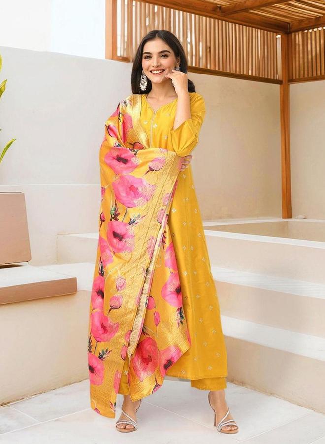 آي شين طقم كورتا إيشين بياقة على شكل حرف  مع دوباتا بطبعة زهور - Image 4