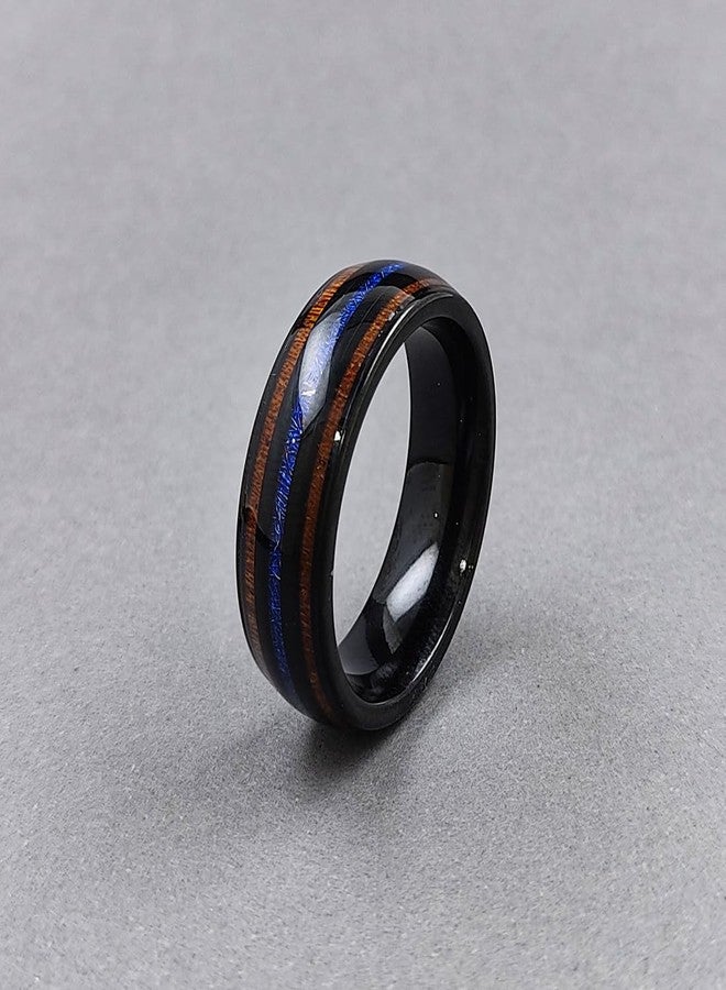 saiizen GUNMETAL TUNGSTEN RING FOR MEN KOA WOOD BLUE OPAL INLAID WEDDING BAND PROMISE ENGAGEMENT Ring - Image 3