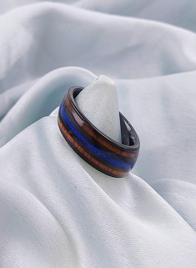 saiizen GUNMETAL TUNGSTEN RING FOR MEN KOA WOOD BLUE OPAL INLAID WEDDING BAND PROMISE ENGAGEMENT Ring - Image 2