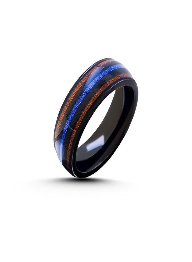 saiizen GUNMETAL TUNGSTEN RING FOR MEN KOA WOOD BLUE OPAL INLAID WEDDING BAND PROMISE ENGAGEMENT Ring - Image 1