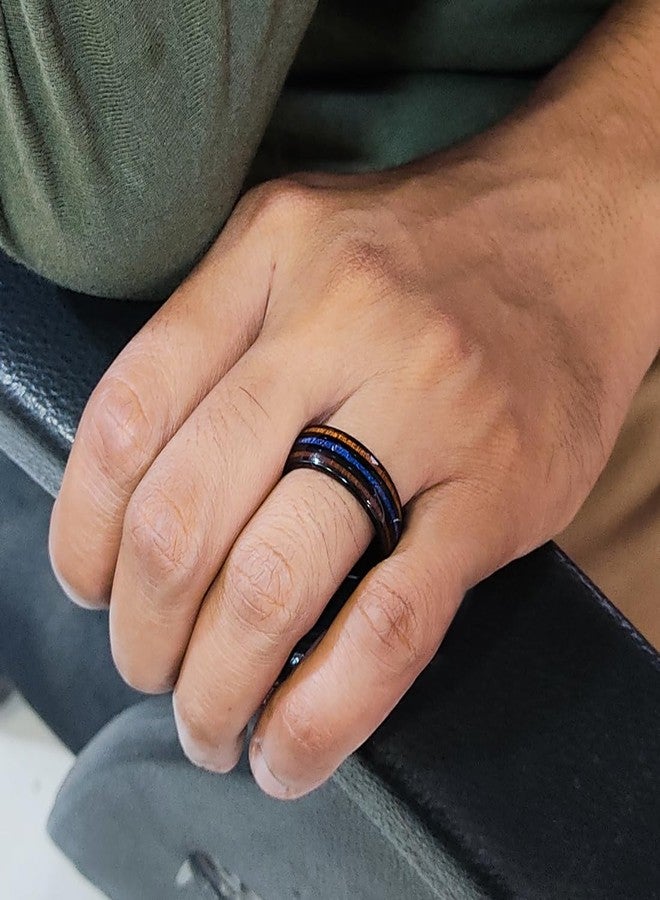 saiizen GUNMETAL TUNGSTEN RING FOR MEN KOA WOOD BLUE OPAL INLAID WEDDING BAND PROMISE ENGAGEMENT Ring - Image 5