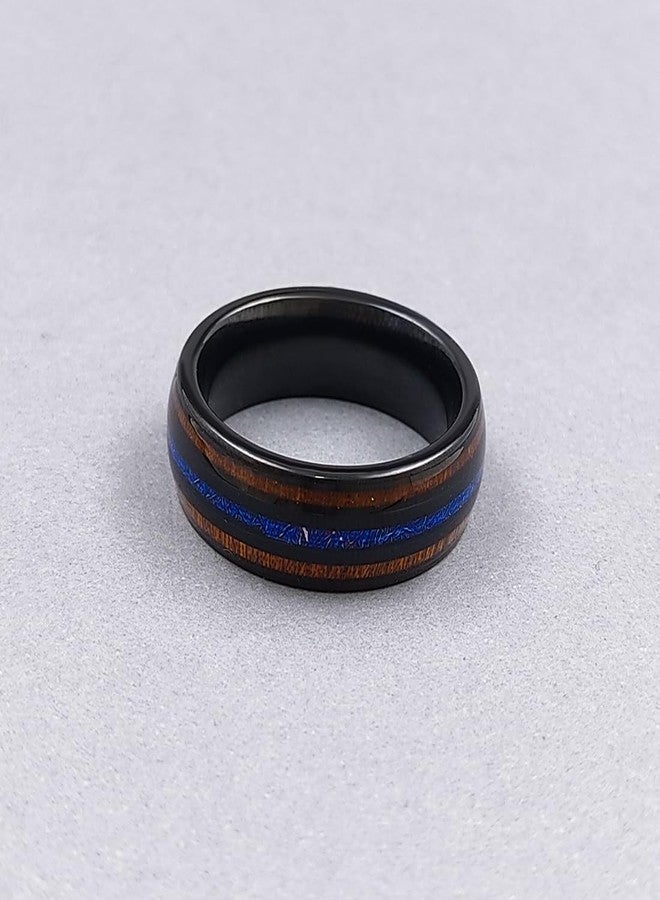saiizen GUNMETAL TUNGSTEN RING FOR MEN KOA WOOD BLUE OPAL INLAID WEDDING BAND PROMISE ENGAGEMENT Ring - Image 4