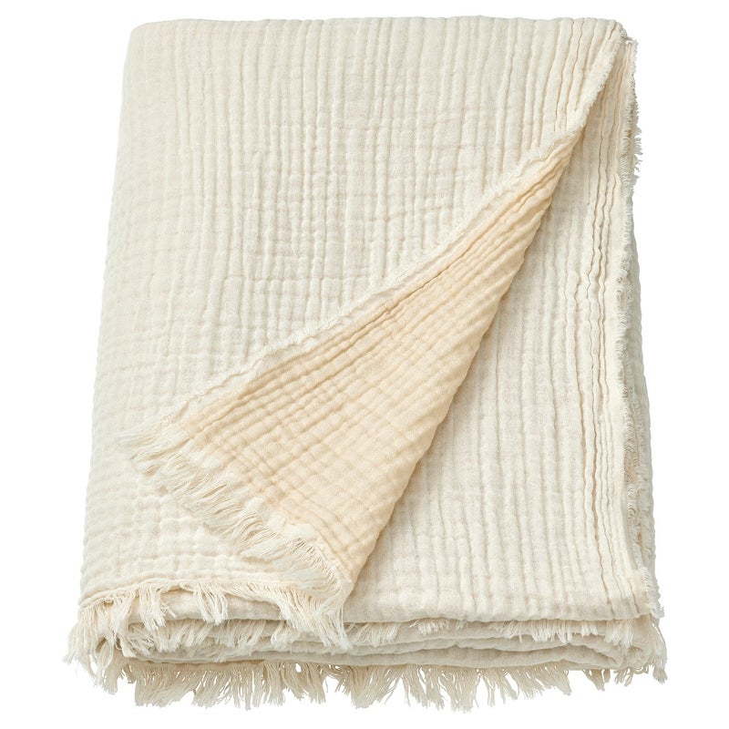 Baitique Throw, Super-Soft Cotton Muslin, Crinkled Effect with Raw Edges, Off-White, 150x200 cm - Image 1