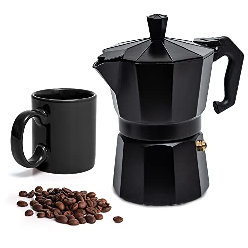 Mixpresso Black 3 Cup Moka Pot Cuban Coffee Maker Moka Pot for Gas Electric Stove Top Classic Italian Coffee Maker Stovetop Espresso Maker Camping Pot Makes 3 Espresso Cup 5 Oz Mug 44 Oz
