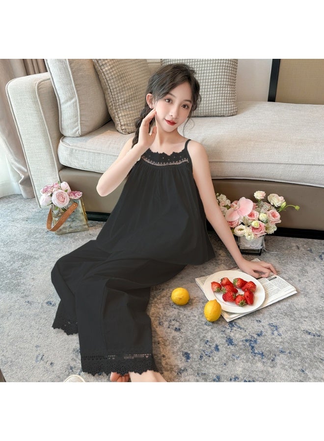 فستان نوم قطن لفتاة صغيرة بدون أكمام، صيف 2025، تصميم أميرة للأطفال، ملابس منزلية مع حواف دانتيل، بيجاما جميلة للبنات الكبار